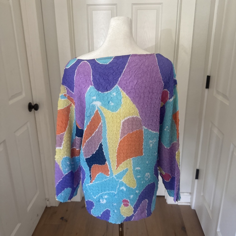 True Vintage 80s 90s Abstract Colorful Popcorn Blouse Top Sz M Artsy Semi-Sheer - Picture 3 of 8